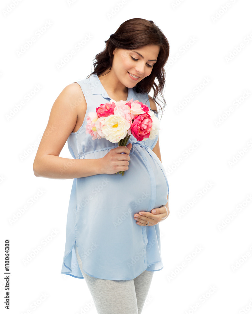happy pregnant woman with flowers touching belly happy pregnant woman with flowers touching belly