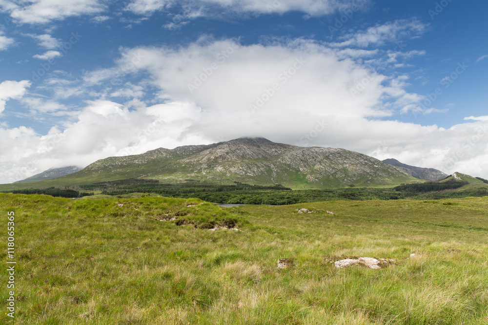 view to plain and hills at connemara in ireland