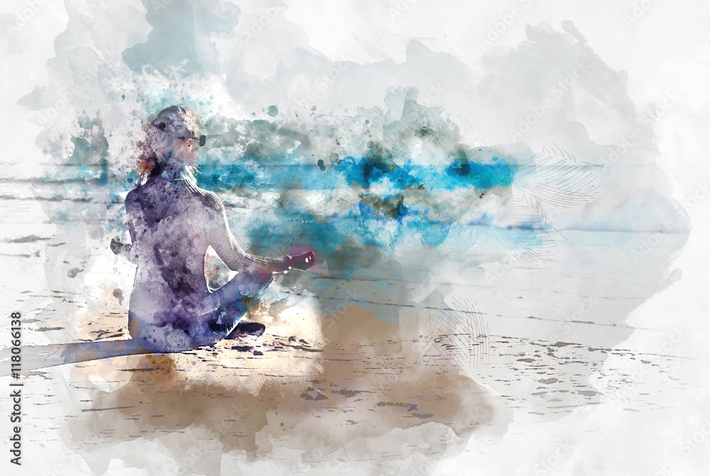 Young woman meditating on the beach. Digital art Young woman meditating on the beach. Digital art