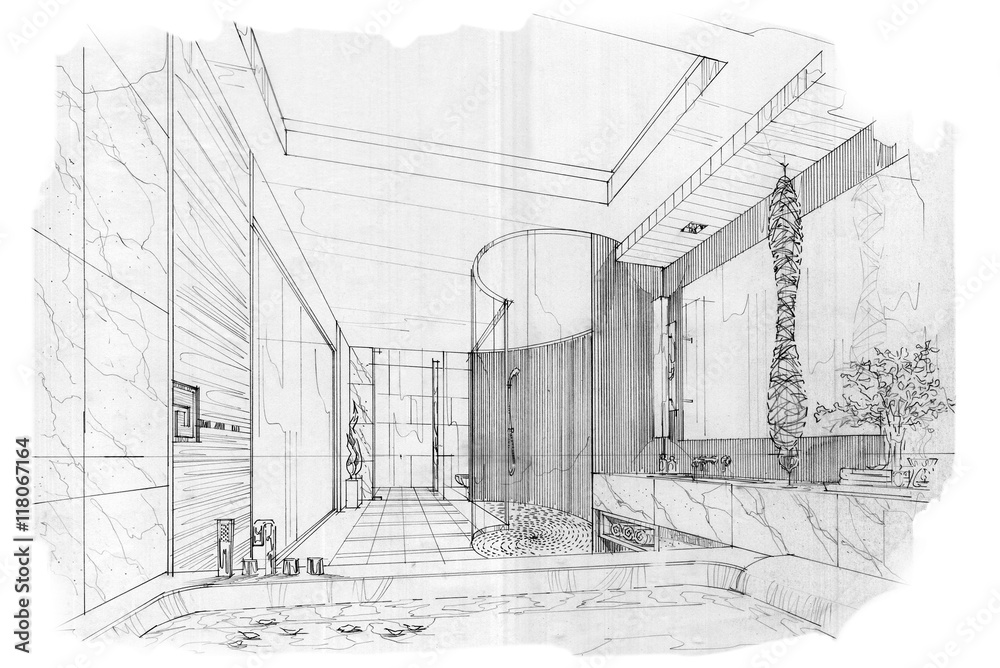 sketch stripes bath room , black and white interior design.
