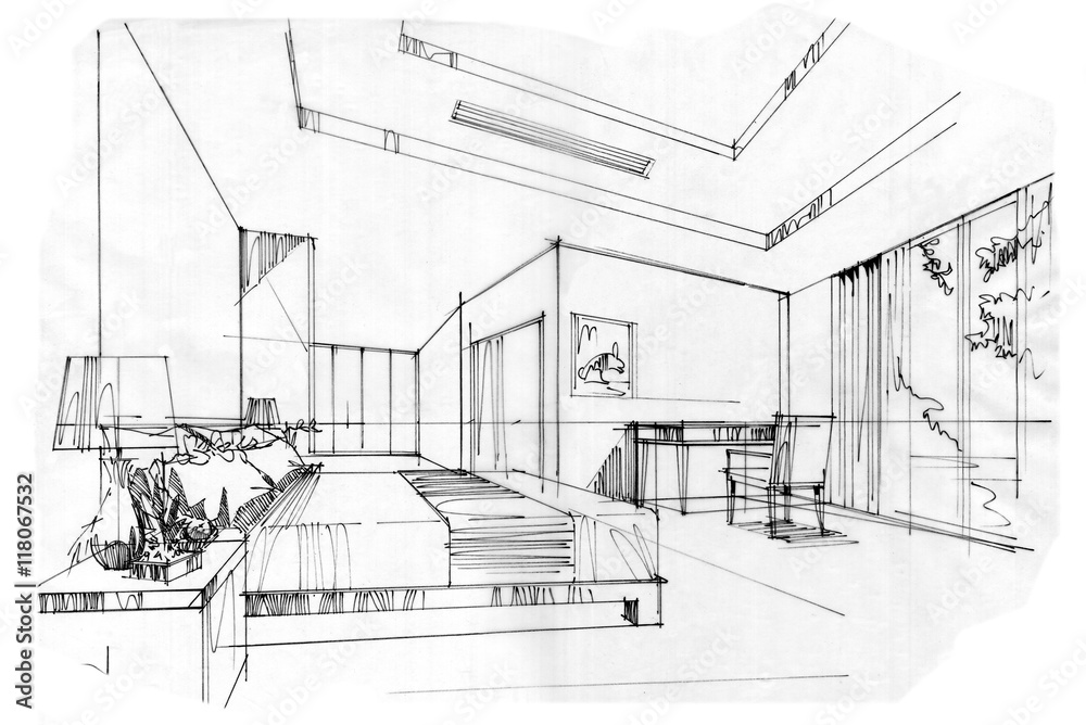 sketch stripes bed room , black and white interior design.
