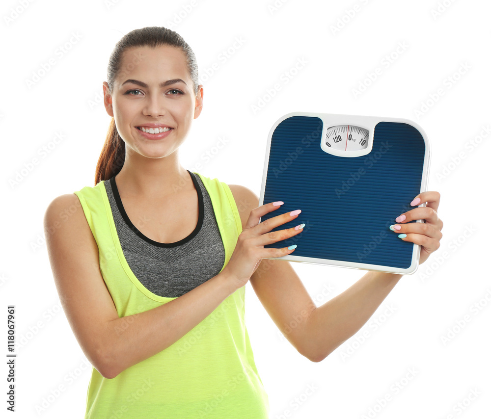 Beautiful girl with scales on white background Beautiful girl with scales on white background