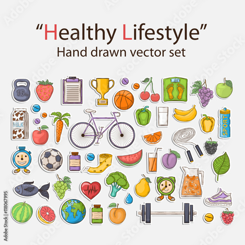 Vector Healthy lifestyle sticker set with shadow in doodle style.Sport activities.