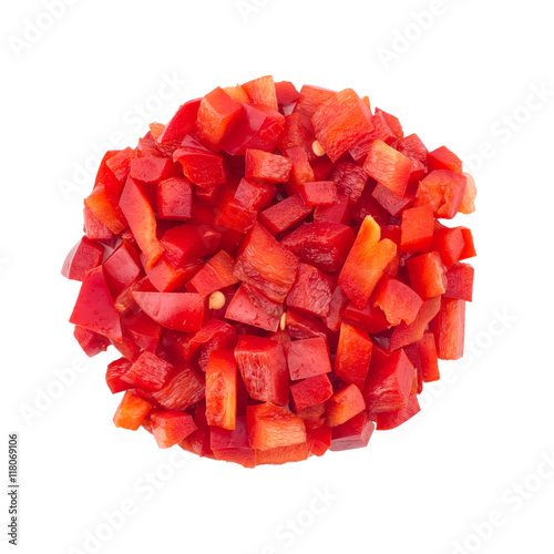 Chopped red peppers isolated on white.