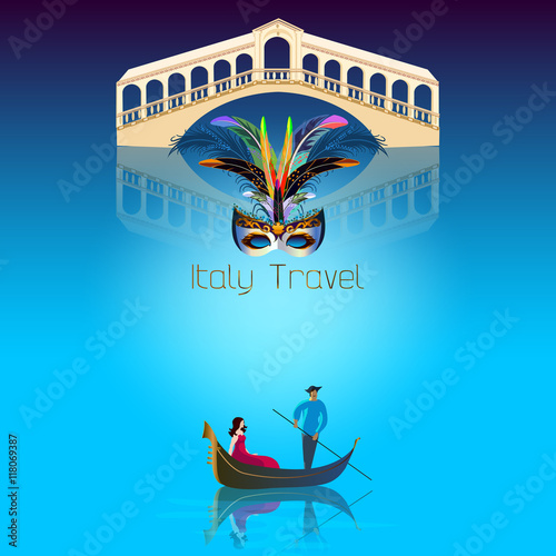 Travel to Italy: sightseeing tour. Landmarks of Italy - architecture in Venice, carnival mask and gondola.