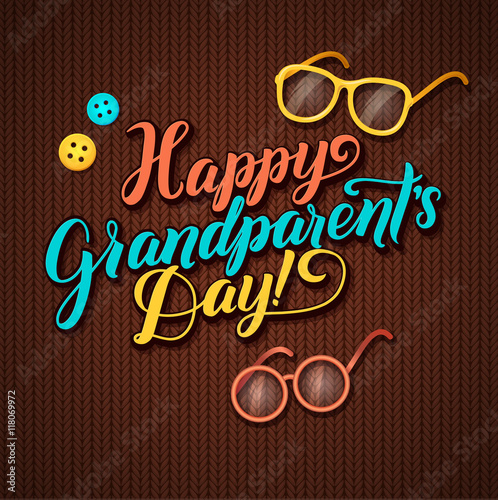 Happy Grandparents Day Calligraphy Greeting Card in Brown Knitted Background with Glasses and Buttons
