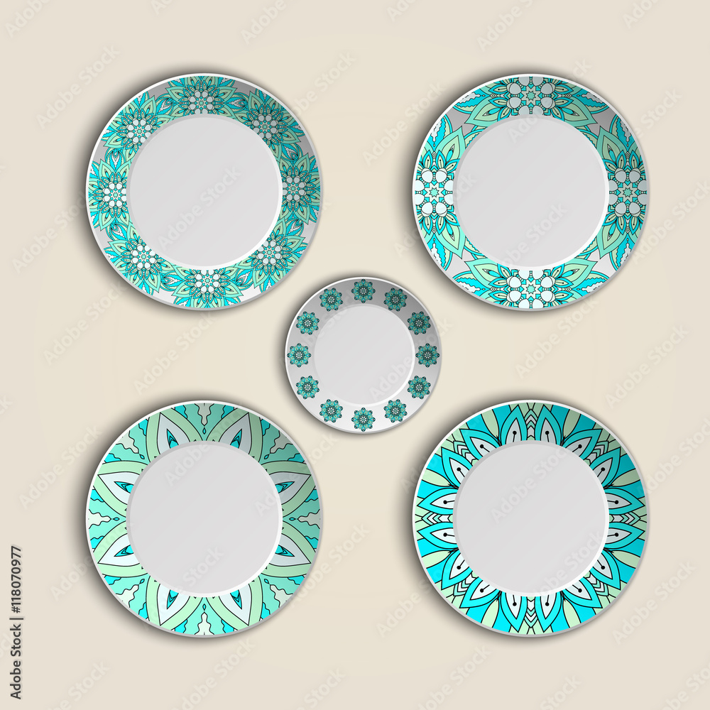 Set of plates with elegant ethnic tribal mandala ornament in boho style. Home decor vector illustration.