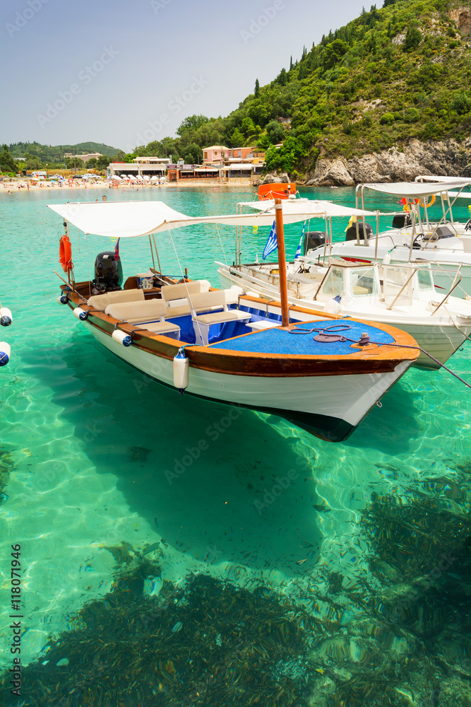 crystal clear water on paradise beach in paleokastritsa on Corfu island, Greece