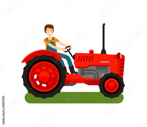 Retro farm tractor icon. Cartoon vector illustration