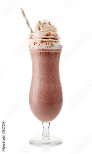 Glass of chocolate milkshake with whipped cream isolated on whit