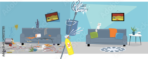 Living room before and after cleaning, EPS 8 vector illustration, no transparencies