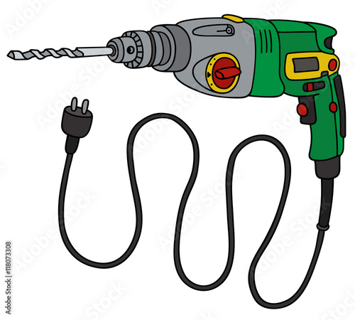 Green electric impact drill / Hand drawing, vector illustration