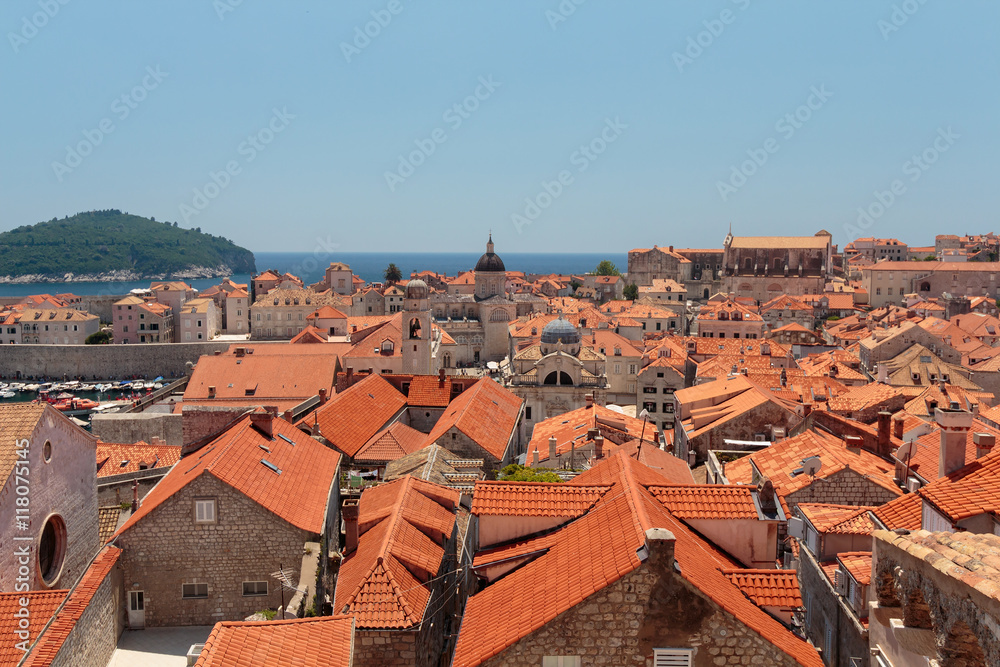Summer scene of the Dubrovnik Old Town St. Blaise church and Cathedral seen from the wall tour.