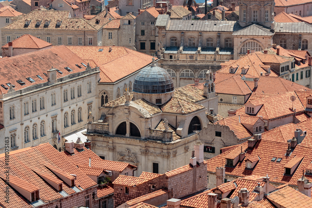 Summer scene of St. Blaise church in the Dubrovnik Old Town seen from the wall tour.