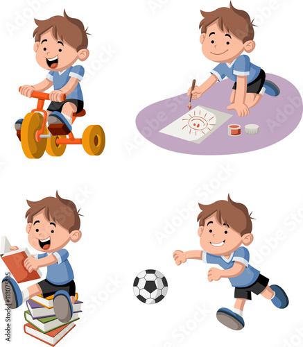 Cute happy cartoon boy playing. Sports and toys.
