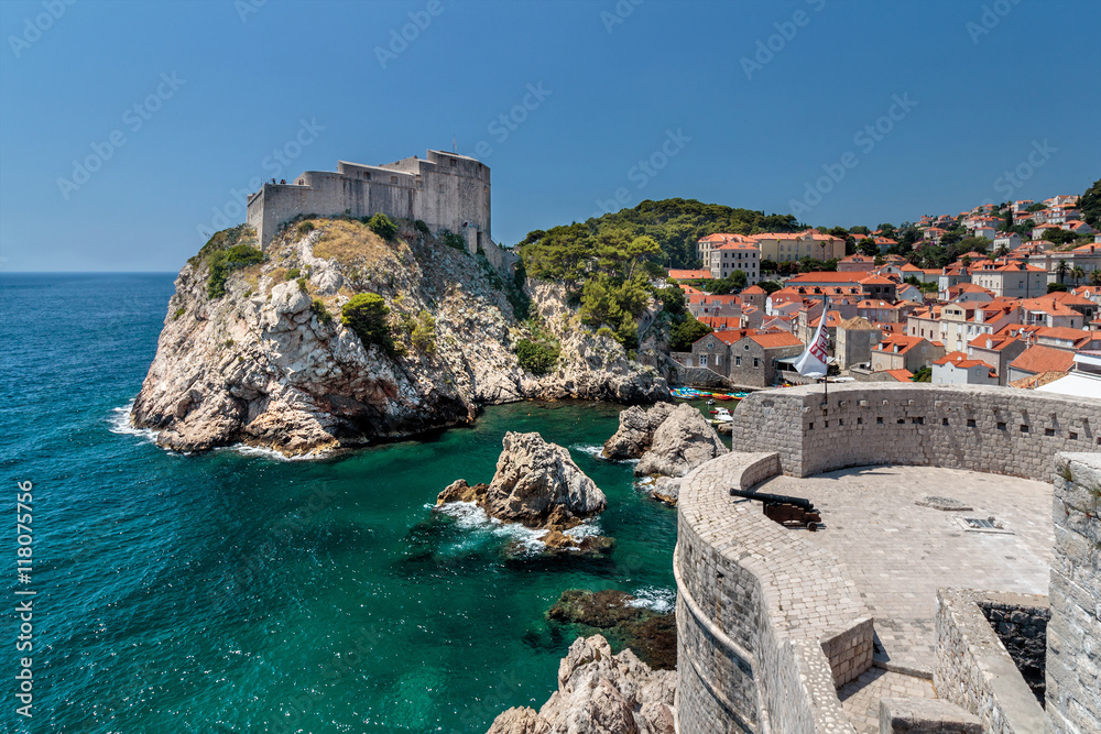 Summer scene of the St. Lawrence Fortress Lovrijenac and Dubrovnik Old Town seen from the wall tour.