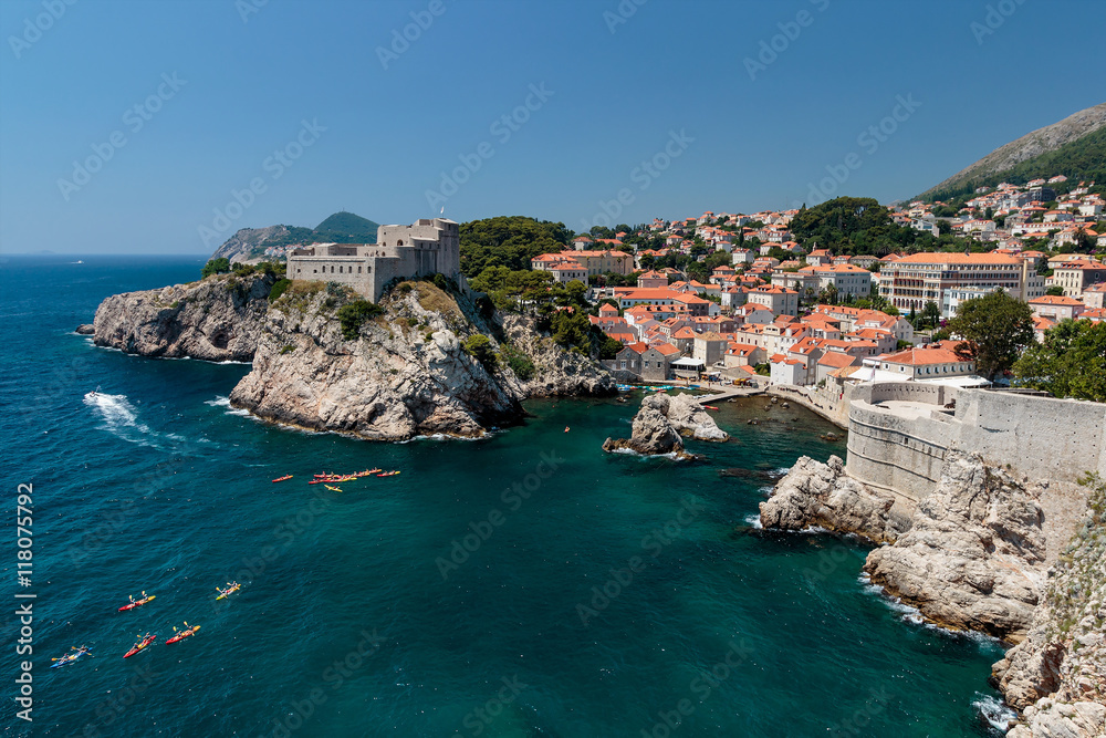 Summer scene of the St. Lawrence Fortress Lovrijenac and Dubrovnik Old Town seen from the wall tour