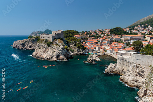 Fototapeta Naklejka Na Ścianę i Meble -  Summer scene of the St. Lawrence Fortress Lovrijenac and Dubrovnik Old Town seen from the wall tour
