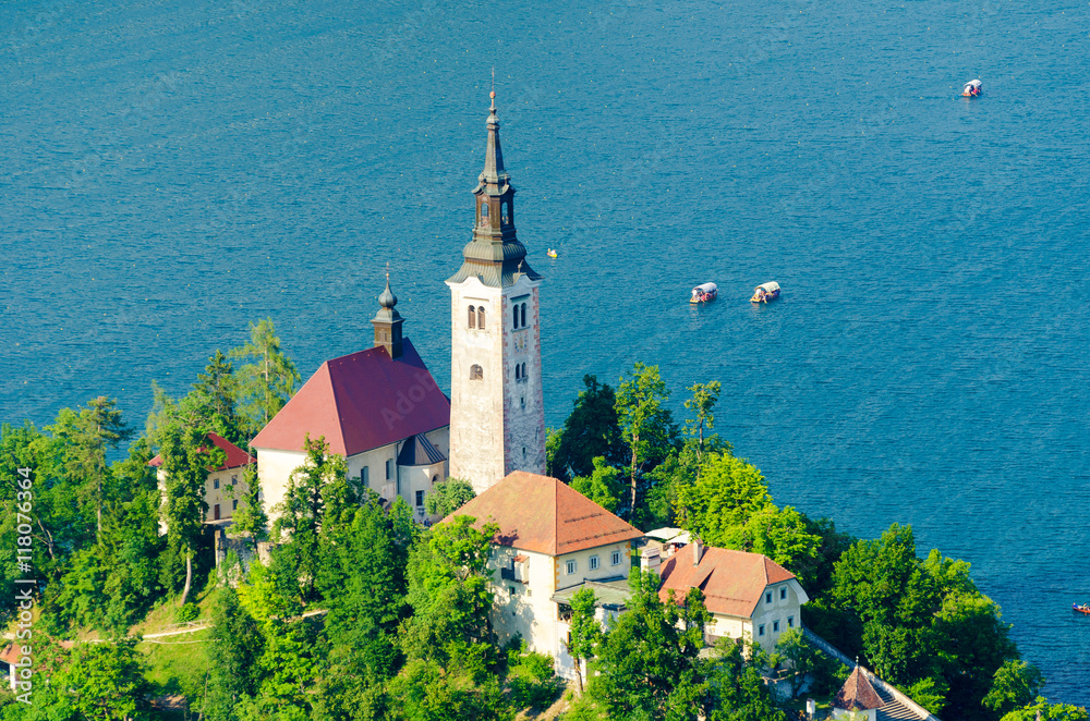 view on church on lake Bled in Slovenia