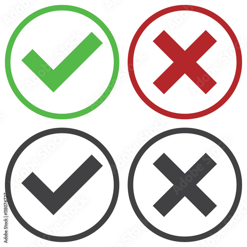 Set of four simple web buttons: green check mark and red cross in two variants