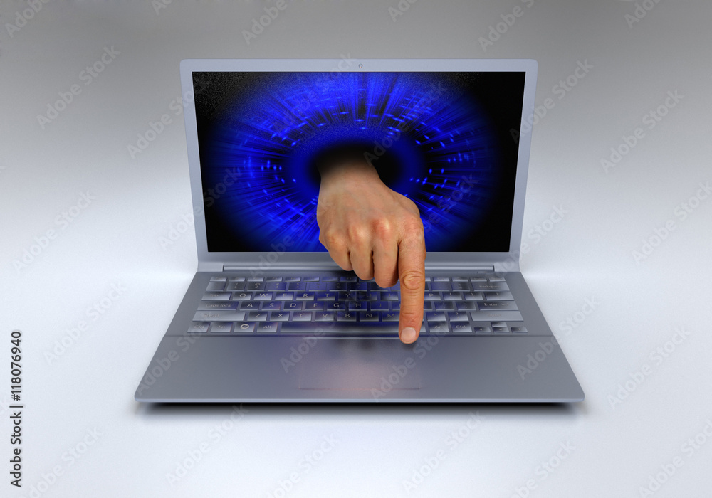 Foto Stock hand is coming out of Computer screen computer virus cyber ...