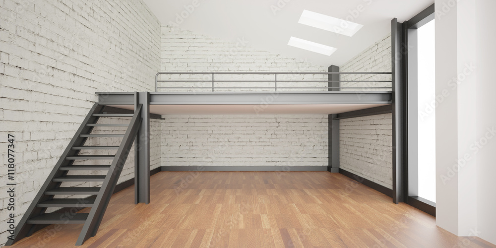 3d interior rendering industrial Mezzanine space and wood floor and Loft design - obrazy, fototapety, plakaty 