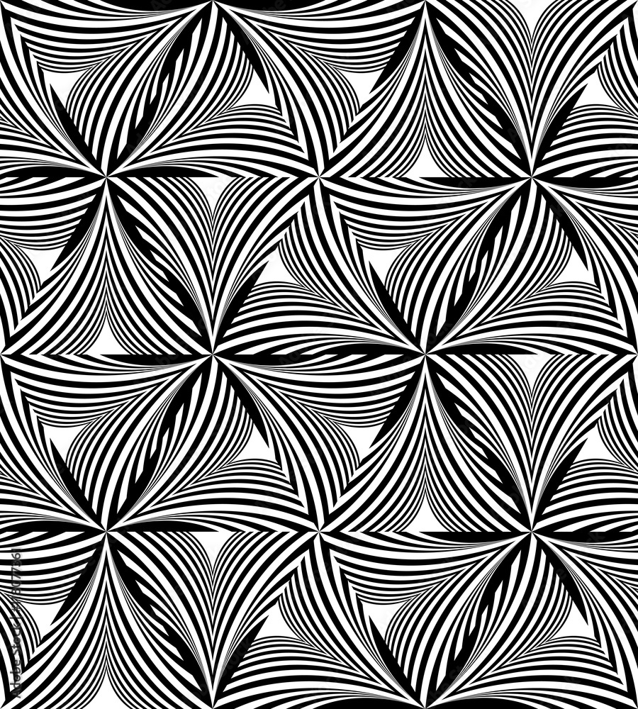 Fototapeta premium Seamless Monochrome Curved Triangle Pattern. Visual Volume Effect. Polygonal Geometric Abstract Background. Suitable for textile, fabric, packaging and web design. Vector Illustration.