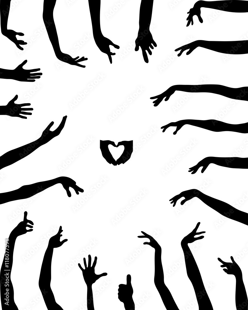 Black silhouettes of hands in various positions, vector