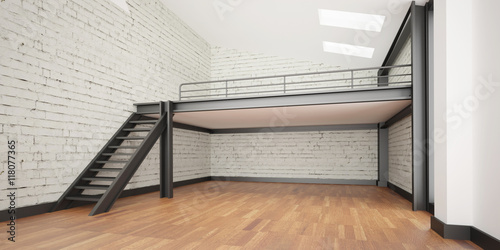 Schilderij op canvas 3d interior rendering industrial Mezzanine space and wood floor and Loft design