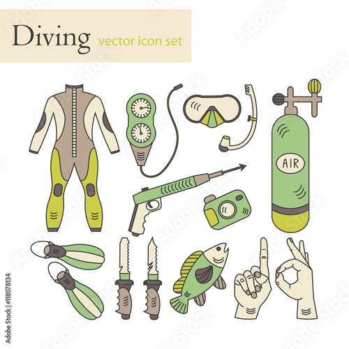 Vector line icons with diving equipment.