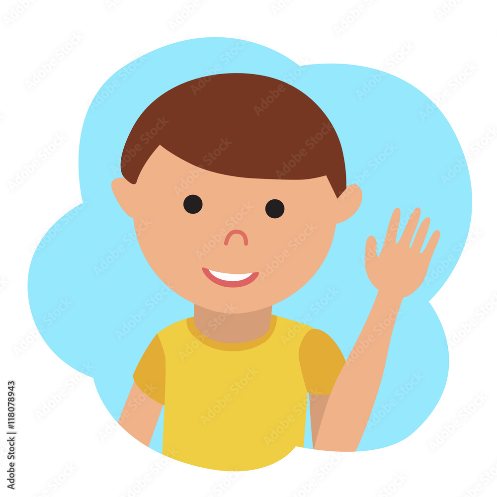 Vector drawing of icon little boy in the cloud, waving his hand.