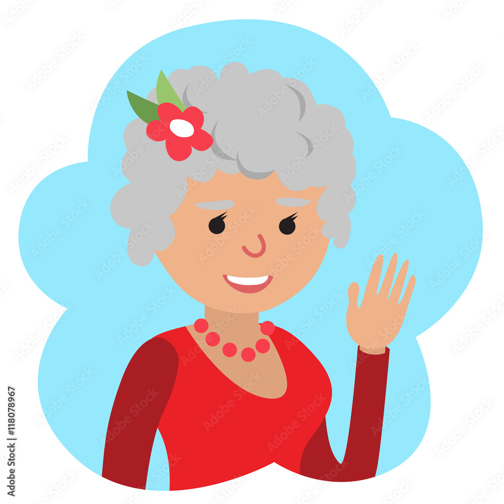 Vector drawing of icon elderly woman in the cloud, waving his hand. Vector drawing of icon elderly woman in the cloud, waving his hand.