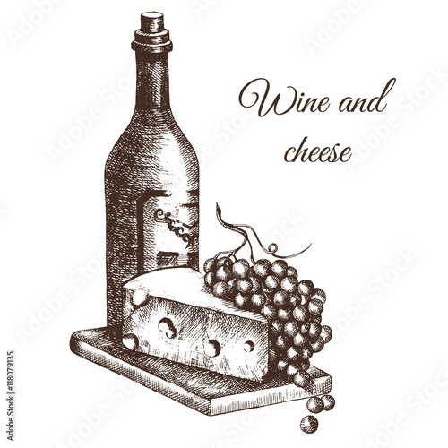 Hand drawn illustration bottle of wine, cheese and grapes in graphic style. Sketch. 