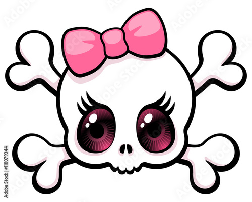 Cute big eyed girl skull with a pink bow, vector illustration.