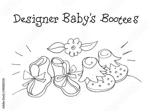 Designer baby`s Bootees. Kids Health.  Graphic hand drawn sketch in vector.