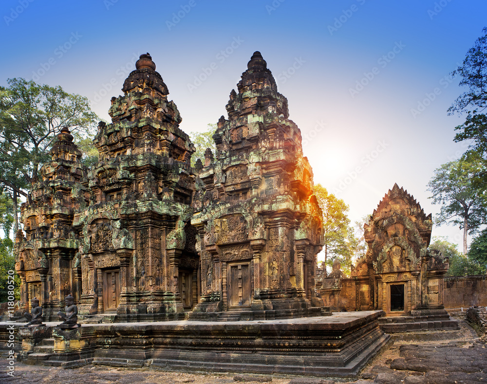 Banteay Srey Temple ruins (Xth Century)  on a sunset, Siem Reap, Cambodia..