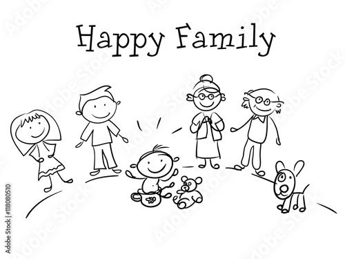 Happy family. Kids Health. Graphic hand drawn sketch in vector.