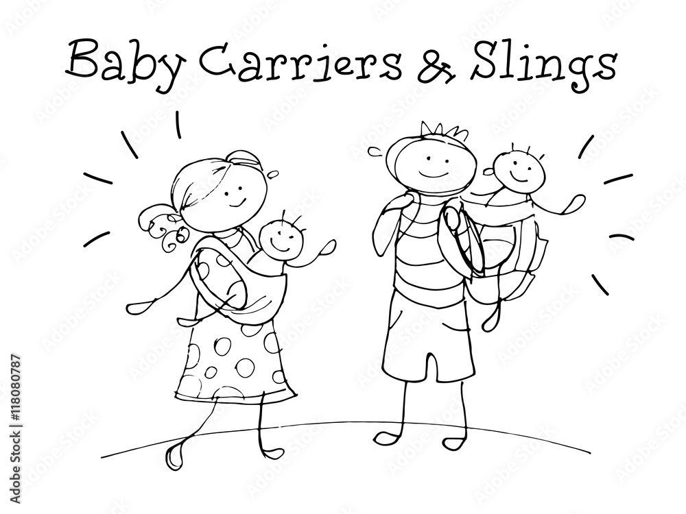Baby carriers and slings. Kids Health. Graphic hand drawn sketch in vector. Baby carriers and slings. Kids Health. Graphic hand drawn sketch in vector.