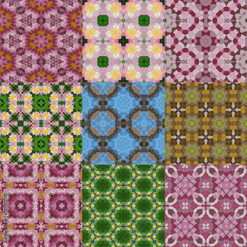Set of glass mosaic kaleidoscopic seamless generated textures