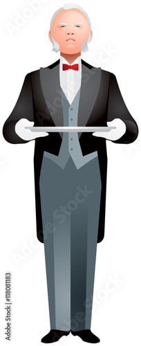 Butler Wearing Tuxedo Holding Silver Tray with White Gloved Hands realistic vector illustration