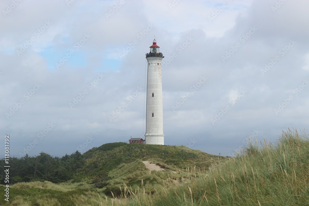 The Lighthouse Lyngvig Fyr on the West Coast of Denmark, North Jutland. Scandinavia, Europe.