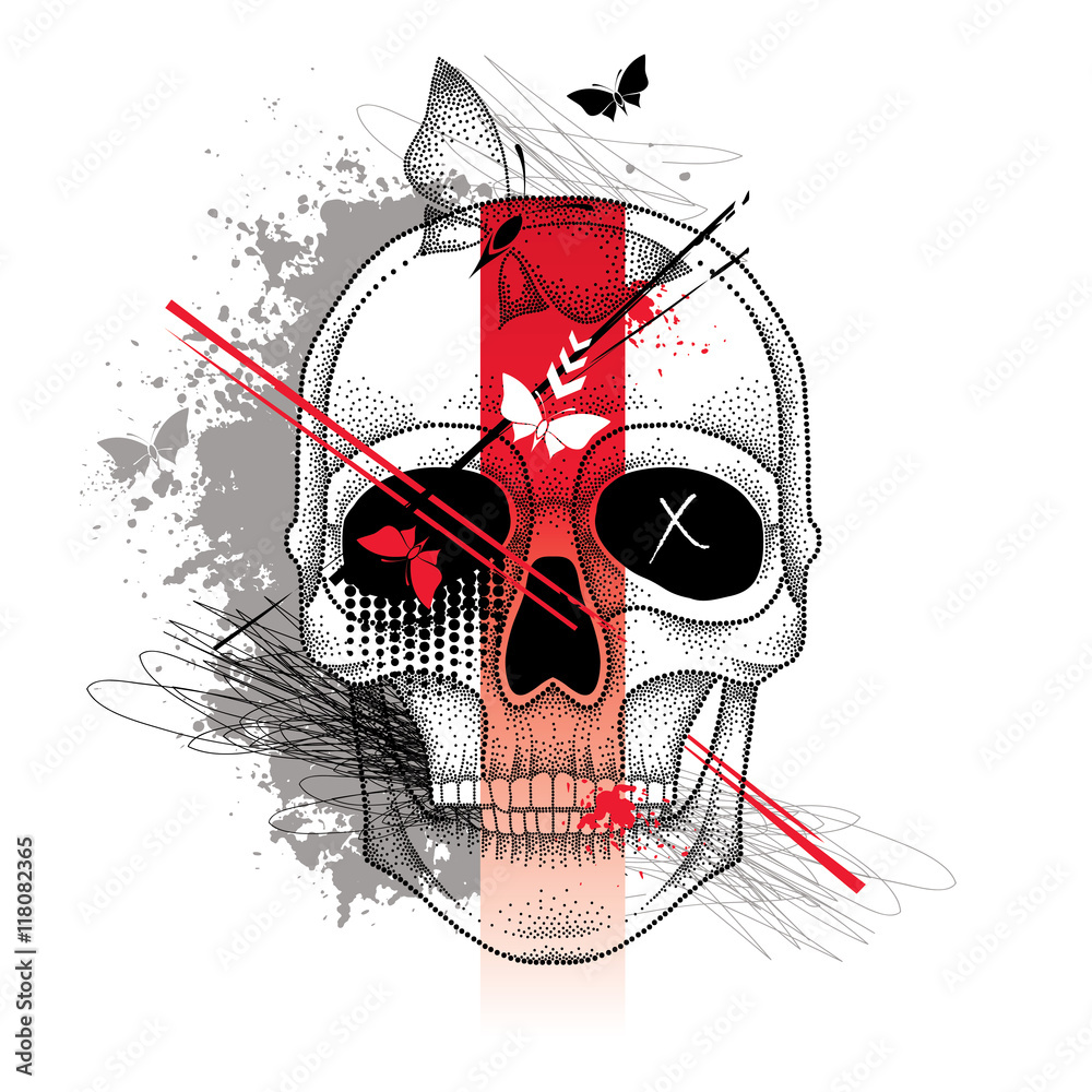 Vector illustration with dotted skull, abstract lines, butterflies and  blots in red and black isolated on white. Sketch for tattoo in trendy Trash  Polka and dotwork style. Creative design for tattoo. Stock
