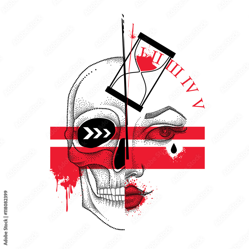 Vector Illustration With Dotted Half Woman Face And Skull Abstract Lines Hourglass And Blots In Red Vector Illustration With Dotted Half Woman Face And Skull Abstract Lines Hourglass And Blots In Red