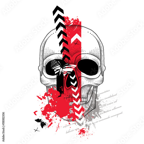 Vector illustration with dotted skull, abstract arrows, butterflies and blots in red and black isolated on white. Sketch for tattoo in trendy Trash Polka and dotwork style. Creative design for tattoo.