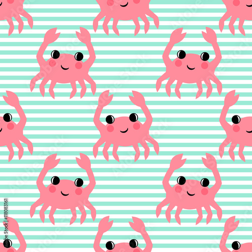 Cartoon funny crab seamless pattern on striped background. Marine life character vector illustration. Design for textile, wallpaper, fabric, decor etc.