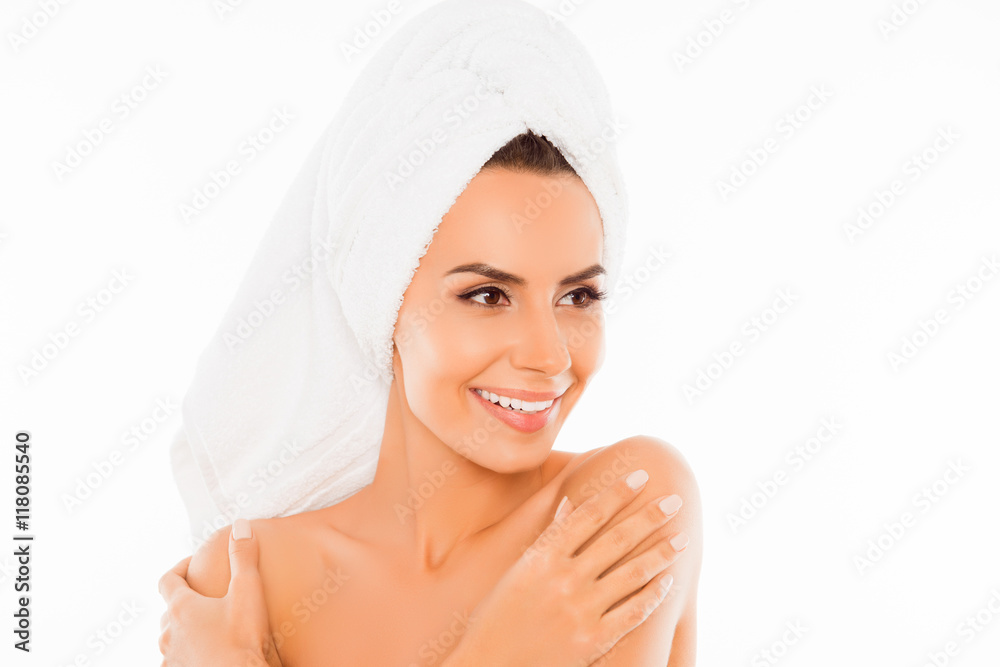 Portrait of sensitive beautiful woman with towel on her head Portrait of sensitive beautiful woman with towel on her head