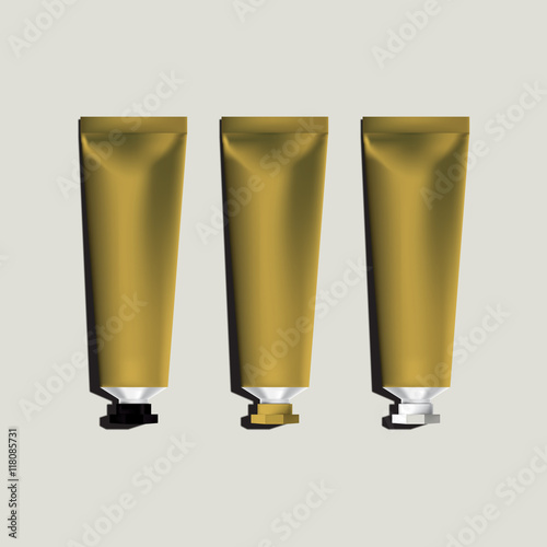 Gold aluminum tubes for packaging. Mock up ready For Your Design. Vector Illustration