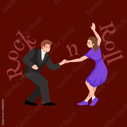 Tableau sur toile Young couple dancing lindy hop or swing in a formation, man and woman Rock and R
