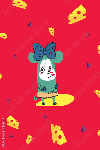 Funny little teal mouse with cheese.