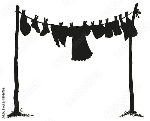 Wash clothing on clothesline. Vector drawing